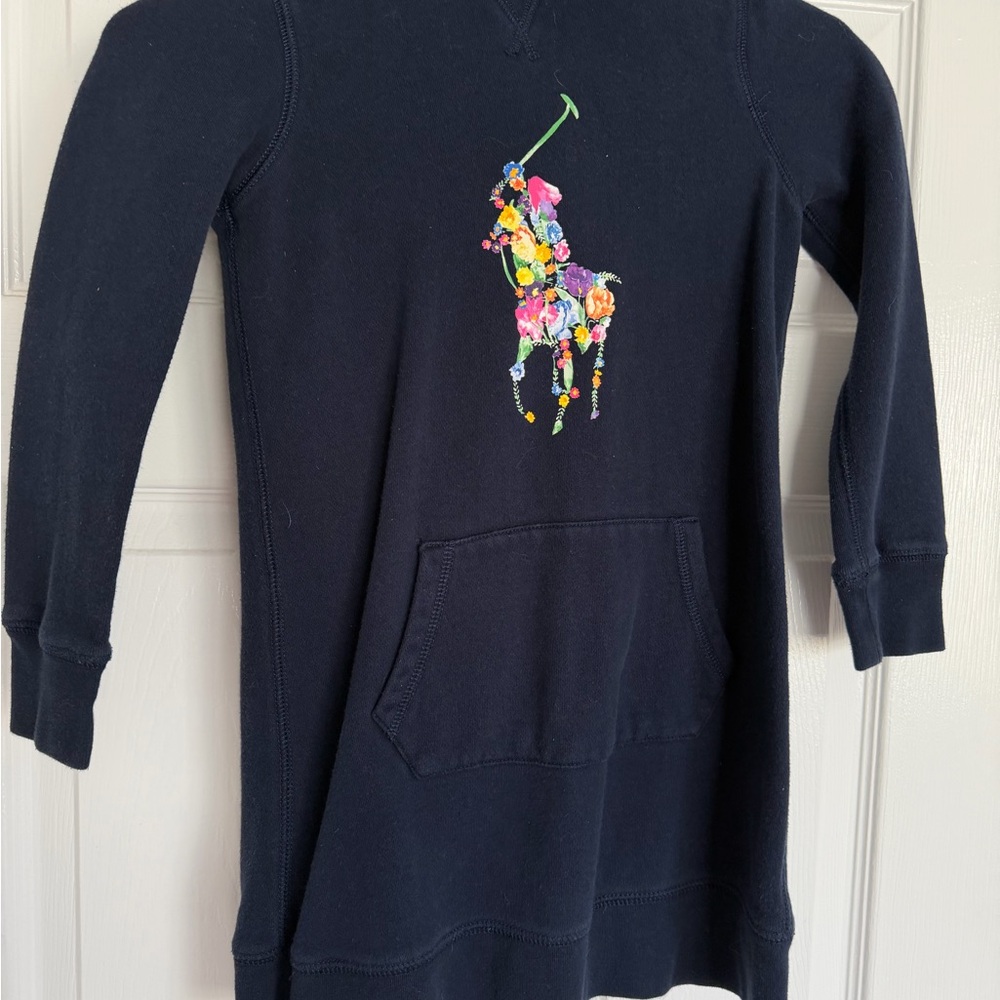Navy Girls Hoodie Sweater Dress with Floral Logo